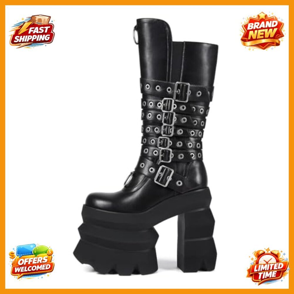 Platform Heel Mid-Calf Boots with Buckle Detail, Synthetic Leather, Wide Calf - Picture 3 of 7